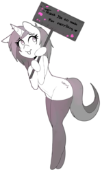 Size: 1144x1920 | Tagged: safe, artist:enryuuchan, oc, oc only, oc:tied hooves, pony, unicorn, :p, clothes, femboy, goodbye, horn, lineart, male, sign, socks, thigh highs, tongue out, tumblr 2018 nsfw purge, tumblr drama, unicorn oc
