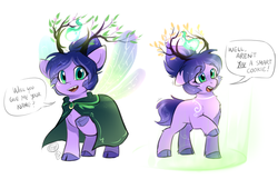 Size: 1100x709 | Tagged: safe, artist:cosmalumi, oc, oc only, oc:winding path, fairy, pony, branches for antlers, cloak, clothes, cloven hooves, fairy wings, magic, raised hoof, simple background, solo, speech bubble, white background