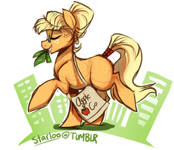 Size: 1078x931 | Tagged: safe, artist:starloo, applejack, pony, g4, alternate hairstyle, bag, eyes closed, female, glasses, hatless, missing accessory, money, mouth hold, solo, tail wrap, tote bag