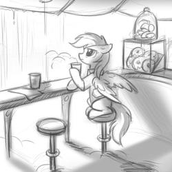Size: 850x850 | Tagged: safe, artist:tomatocoup, rainbow dash, pegasus, pony, g4, bar stool, black and white, chair, clothes, coffee, donut, female, food, grayscale, mare, missing cutie mark, monochrome, sitting, solo