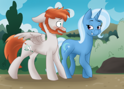 Size: 2000x1440 | Tagged: safe, artist:cadetredshirt, trixie, oc, oc:bawdy jot, pegasus, pony, unicorn, g4, bawxie, blushing, canon x oc, clopfic in the comments, couple, cute, facial hair, female, male, mare, shipping, smiling, stallion, story in the comments, straight, walking