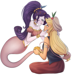 Size: 1413x1470 | Tagged: safe, artist:tcn1205, applejack, rarity, genie, human, equestria girls, g4, adorasexy, bare shoulders, belly button, blushing, clothes, cute, female, freckles, humanized, jackabetes, lesbian, looking at each other, midriff, open mouth, raribetes, sexy, ship:rarijack, shipping, simple background, species swap, white background