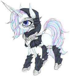 Size: 2122x2316 | Tagged: safe, artist:great-5, oc, oc:stargazer, pony, unicorn, blank flank, cloak, clothes, high res, hoodie, lightmare, magic, mask, wip