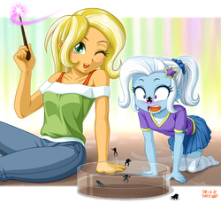 Size: 1200x1099 | Tagged: safe, artist:uotapo, sunflower spectacle, trixie, frog, human, equestria girls, g4, adorable distress, blushing, clothes, cute, diatrixes, fear, female, mother and child, mother and daughter, one eye closed, open mouth, pants, ponytail, shirt, signature, skirt, smiling, socks, stars, thigh highs, transformation, younger