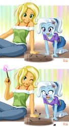 Size: 1200x2200 | Tagged: safe, artist:uotapo, edit, sunflower spectacle, trixie, frog, equestria girls, g4, adorable distress, blushing, clothes, comic, cute, diatrixes, female, magic, mother and daughter, one eye closed, open mouth, pants, ponytail, shirt, signature, sitting, skirt, smiling, socks, stars, tadpole, thigh highs, uotapo is trying to murder us, wand, weapons-grade cute, wink, younger