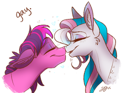 Size: 500x371 | Tagged: safe, artist:probablyfakeblonde, skywishes, star catcher, earth pony, pegasus, pony, g3, g4, boop, eyes closed, female, g3 to g4, generation leap, heart, lesbian, mare, noseboop, ship:skycatcher, shipping