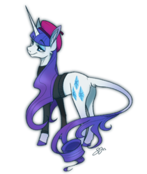 Size: 500x593 | Tagged: safe, artist:probablyfakeblonde, rarity, classical unicorn, pony, unicorn, g4, beatnik rarity, beret, clothes, cloven hooves, colored hooves, ear fluff, female, hat, horn, leonine tail, long ears, mare, simple background, smiling, sweater, unshorn fetlocks, white background