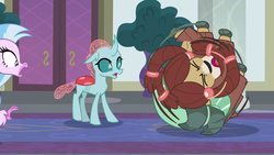 Size: 1280x720 | Tagged: safe, screencap, ocellus, silverstream, yona, changedling, changeling, classical hippogriff, hippogriff, yak, g4, school daze, cloven hooves, clumsy, female, spinning, trio, tumbling