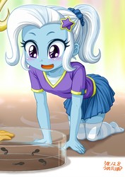 Size: 717x1015 | Tagged: safe, artist:uotapo, sunflower spectacle, trixie, equestria girls, g4, clothes, cropped, cute, diatrixes, offscreen character, ponytail, skirt, socks, tadpole, thigh highs, younger