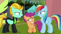 Size: 320x180 | Tagged: safe, screencap, lightning dust, rainbow dash, scootaloo, pony, g4, the washouts (episode), angry, awkward smile, female, filly, glare, grin, mare, nervous, nervous smile, rivalry, smiling, the washouts, trio