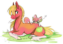 Size: 1000x703 | Tagged: safe, artist:probablyfakeblonde, apple bloom, big macintosh, earth pony, horse, pony, g4, adorabloom, bow, brother and sister, coat markings, colored hooves, cute, duo, eye contact, female, filly, grass, hair bow, heart, leaning, looking at each other, looking back, male, peeking, prone, realistic, siblings, simple background, socks (coat markings), stallion, straw in mouth, underhoof, unshorn fetlocks, white background