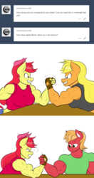 Size: 1280x2418 | Tagged: safe, artist:matchstickman, apple bloom, applejack, big macintosh, earth pony, anthro, matchstickman's apple brawn series, tumblr:where the apple blossoms, g4, apple bloom's bow, apple brawn, apple siblings, applejacked, arm wrestling, biceps, bow, breasts, busty apple bloom, busty applejack, clothes, deltoids, female, fingerless gloves, gloves, great macintosh, grin, hair bow, male, mare, muscles, older, older apple bloom, pecs, shirt, simple background, smiling, snorting, sports bra, stallion, triceps, trio, tumblr comic, white background