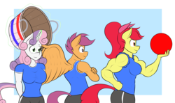 Size: 1280x756 | Tagged: safe, artist:matchstickman, apple bloom, scootaloo, sweetie belle, earth pony, pegasus, unicorn, anthro, matchstickman's apple brawn series, tumblr:where the apple blossoms, g4, apple brawn, ball, biceps, blue background, breasts, buckball, bucket, busty apple bloom, busty cmc, busty scootaloo, busty sweetie belle, clothes, cutie mark crusaders, deltoids, female, implied tail hole, levitation, magic, mare, muscles, older, older apple bloom, older scootaloo, older sweetie belle, shirt, simple background, sports, sports shorts, telekinesis, triceps, trio, tumblr comic