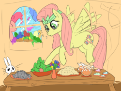 Size: 1120x840 | Tagged: safe, artist:ara, angel bunny, fluttershy, pinkie pie, earth pony, fish, pegasus, pony, rabbit, g4, alternate hairstyle, animal, cutie mark, dead, female, flower, flower pot, fluttershy's cottage, flying, food, hairband, juice, mare, salad, table, whistling, x eyes