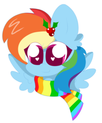 Size: 2966x3552 | Tagged: safe, artist:kittyrosie, rainbow dash, pegasus, pony, g4, clothes, cute, dashabetes, ear fluff, female, heart eyes, high res, holly, holly mistaken for mistletoe, mare, scarf, simple background, solo, transparent background, wingding eyes