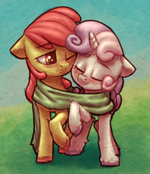 Size: 862x999 | Tagged: safe, artist:chromaskunk, artist:yoditax, color edit, edit, apple bloom, sweetie belle, earth pony, pony, unicorn, g4, adorabloom, blushing, clothes, colored, cute, diasweetes, eyes closed, female, filly, floppy ears, lesbian, one eye closed, raised hoof, scarf, shared clothing, shared scarf, ship:sweetiebloom, shipping, smiling