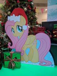 Size: 720x960 | Tagged: safe, photographer:陳重, fluttershy, pony, g4, my little pony best gift ever, cardboard cutout, christmas, christmas tree, female, hat, holiday, present, santa hat, singapore, solo, tree