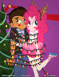 Size: 3090x4000 | Tagged: safe, artist:dieart77, pinkie pie, oc, oc:copper plume, equestria girls, equestria girls series, antlers, blushing, canon x oc, christmas, christmas lights, christmas tree, clothes, commission, commissioner:imperfectxiii, copperpie, decoration, freckles, glasses, headband, holiday, neckerchief, pants, pantyhose, reindeer antlers, sandals, shirt, skirt, tangled up, tree