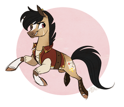 Size: 1000x862 | Tagged: safe, artist:probablyfakeblonde, oc, oc only, earth pony, pony, belt, boots, clothes, commission, ear piercing, earring, jewelry, looking back, male, piercing, shoes, smiling, stallion