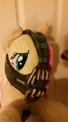 Size: 2988x5312 | Tagged: safe, artist:blackwater627, fluttershy, pegasus, pony, g4, bane, ear piercing, earring, female, furrowed brow, irl, jewelry, mare, mask, necklace, photo, piercing, plushie, solo, why