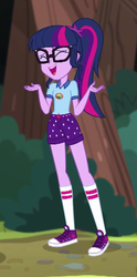 Size: 268x540 | Tagged: safe, screencap, sci-twi, twilight sparkle, equestria girls, g4, my little pony equestria girls: legend of everfree, clothes, converse, cropped, eyes closed, female, ponytail, shoes, shorts, smiling, sneakers, socks