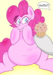 Size: 1447x2047 | Tagged: safe, artist:theobrobine, derpy hooves, pinkie pie, earth pony, pony, belly button, fat, female, food, mare, muffin, pudgy pie, shiny, simple background, sitting, smiling