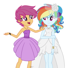 Size: 1024x973 | Tagged: safe, artist:misskitkat2002, rainbow dash, scootaloo, equestria girls, g4, bare shoulders, clothes, dress, ear piercing, earring, jewelry, lip piercing, lip ring, older, older rainbow dash, older scootaloo, piercing, rainbow dash always dresses in style, simple background, sleeveless, strapless, transparent background, wedding dress