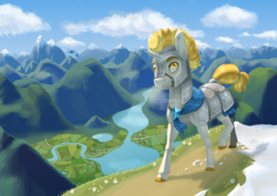 Size: 3508x2480 | Tagged: safe, artist:jackiebloom, oc, oc only, oc:golden grain, dragon, earth pony, pony, armor, fake horn, farm, female, helmet, high res, hill, lake, mare, mountain, mountain range, river, scenery, solo, valley