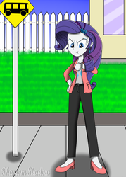 Size: 1000x1400 | Tagged: safe, artist:phantomshadow051, rarity, equestria girls, g4, alternate clothes, annoyed, bus stop, female, solo