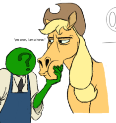 Size: 547x585 | Tagged: safe, artist:anontheanon, applejack, oc, oc:anon, horse, pony, g4, applejack is not amused, cheek squish, duo, hoers, horsified, simple background, sketch, squishy cheeks, unamused, white background
