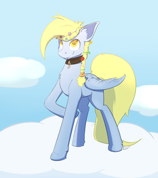 Size: 1600x1800 | Tagged: safe, artist:cheshiresdesires, oc, oc only, oc:windswept skies, pegasus, pony, braid, charm, cloud, collar, ear fluff, female, floral head wreath, flower, hooves, looking up, male, mare, not derpy, on a cloud, raised hoof, sky, smiling, solo, spread wings, stallion, standing on a cloud, wings