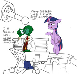 Size: 1280x1236 | Tagged: safe, artist:anontheanon, twilight sparkle, oc, oc:anon, alicorn, human, pony, g4, clothes, dialogue, female, glasses, lab coat, lidded eyes, mare, necktie, open mouth, pants, partial color, seems legit, shirt, twilight sparkle (alicorn)