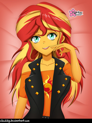 Size: 746x1000 | Tagged: safe, artist:clouddg, sunset shimmer, equestria girls, g4, clothes, cute, cutie mark on clothes, female, looking at you, multiple variants, signature, smiling, solo, vest
