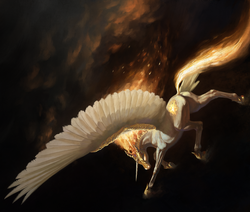 Size: 2362x2000 | Tagged: safe, artist:bra1neater, daybreaker, alicorn, horse, pony, g4, black background, butt, female, fine art emulation, fire, flying, helmet, high res, mane of fire, mare, plot, realistic, realistic anatomy, simple background, solo, wings