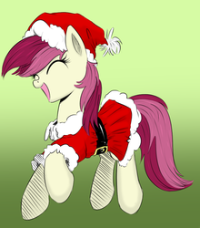 Size: 767x872 | Tagged: safe, artist:xioade, roseluck, earth pony, pony, g4, christmas, clothes, costume, cute, drawthread, dress, eyes closed, female, gradient background, green background, hat, holiday, mare, open mouth, raised hoof, rosabetes, santa costume, santa hat, simple background, skirt, smiling, solo
