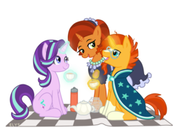 Size: 1000x795 | Tagged: safe, artist:dirroronna97, starlight glimmer, stellar flare, sunburst, pony, unicorn, g4, clothes, cup, food, glowing horn, horn, maid, picnic, sitting, tea, teacup, teapot
