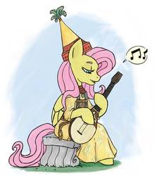 Size: 858x960 | Tagged: source needed, safe, artist:purple-blep, fluttershy, pegasus, anthro, g4, clothes, drawthread, dress, female, guitar, hennin, lidded eyes, looking down, music, music notes, musical instrument, peaceful, playing guitar, playing instrument, princess, princess fluttershy, serenade, sitting, solo