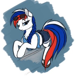 Size: 640x635 | Tagged: safe, artist:lightly-san, oc, oc only, oc:marussia, pony, bedroom eyes, blue eyes, braid, clothes, daisy dukes, denim shorts, female, happy, implied tail hole, multicolored mane, multicolored tail, nation ponies, ponified, russia, sandals, shorts, smiling, solo, sunglasses, sunglasses on head, tomboy