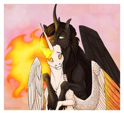 Size: 1024x941 | Tagged: safe, artist:dementra369, daybreaker, oc, alicorn, pony, g4, alicorn oc, canon x oc, fangs, female, hug, hug from behind, looking at you, male, mane of fire, shipping, straight