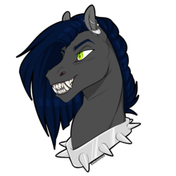 Size: 1200x1200 | Tagged: safe, artist:dementra369, oc, oc only, oc:ruby drop, pony, bust, collar, ear piercing, fangs, piercing, portrait, simple background, slit pupils, solo, spiked collar, transparent background