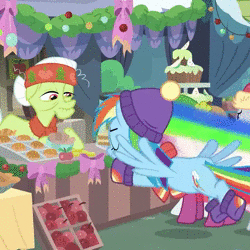 Size: 720x720 | Tagged: safe, screencap, cheerilee, granny smith, rainbow dash, pony, best gift ever, g4, hearth's warming shorts, triple pony dare ya, animated, behaving like a dog, chinese, clothes, cute, dashabetes, fast, female, hat, no sound, scarf, tail wag, tail wiggle, tongue out, webm, winter outfit