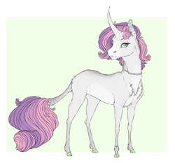 Size: 1450x1350 | Tagged: safe, artist:dementra369, sweetie belle, classical unicorn, horse, pony, unicorn, g4, chest fluff, cloven hooves, colored hooves, curved horn, ear piercing, earring, female, green background, horn, jewelry, leonine tail, lidded eyes, mare, necklace, older, older sweetie belle, piercing, simple background, solo, teenage sweetie belle, teenager, unshorn fetlocks