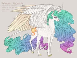 Size: 1280x960 | Tagged: safe, artist:dementra369, princess celestia, alicorn, pony, g4, cloven hooves, curved horn, female, horn, leonine tail, mare, simple background, solo, spread wings, wings