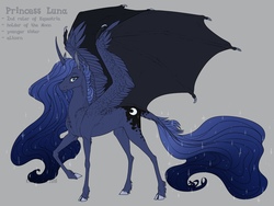 Size: 1280x960 | Tagged: safe, artist:dementra369, princess luna, alicorn, pony, g4, cloven hooves, concave belly, curved horn, fangs, female, horn, hybrid wings, lacrimal caruncle, leonine tail, mare, raised hoof, simple background, slender, solo, spread wings, thin, wings