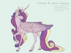 Size: 1280x960 | Tagged: safe, artist:dementra369, princess cadance, alicorn, pony, g4, concave belly, curved horn, female, folded wings, hooves, horn, large wings, long horn, long mane, long tail, mare, raised hoof, simple background, slender, smiling, solo, tail, thin, thin legs, unshorn fetlocks, wings