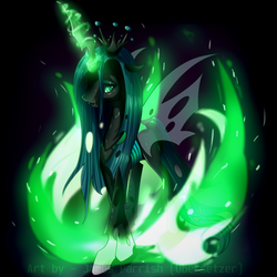 Size: 2000x2000 | Tagged: dead source, safe, artist:quefortia, queen chrysalis, changeling, changeling queen, g4, crown, female, fire, glowing horn, green fire, high res, horn, jewelry, lightly watermarked, magic, regalia, solo, watermark