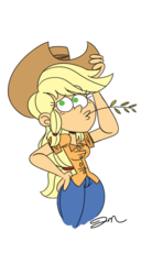 Size: 817x1600 | Tagged: safe, artist:jmdoodle, applejack, human, g4, colored, cowboy hat, food, green eyes, hat, humanized, straw in mouth, wheat