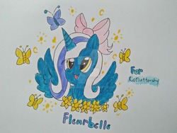 Size: 1280x960 | Tagged: safe, artist:starling88, oc, oc only, oc:fleurbelle, alicorn, butterfly, pony, alicorn oc, bow, female, flower, hair bow, heart, obtrusive watermark, solo, tongue out, traditional art, watermark