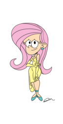 Size: 817x1600 | Tagged: safe, artist:jmdoodle, fluttershy, human, g4, clothes, colored, dress, ear piercing, female, humanized, piercing, solo, style emulation, the loud house