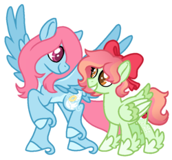 Size: 791x734 | Tagged: safe, artist:sandwichbuns, oc, oc only, oc:gale wings, oc:ladybird, pegasus, pony, bow, female, hair bow, magical lesbian spawn, mare, offspring, parent:fluttershy, parent:rainbow dash, parents:flutterdash, simple background, sisters, tail bow, transparent background